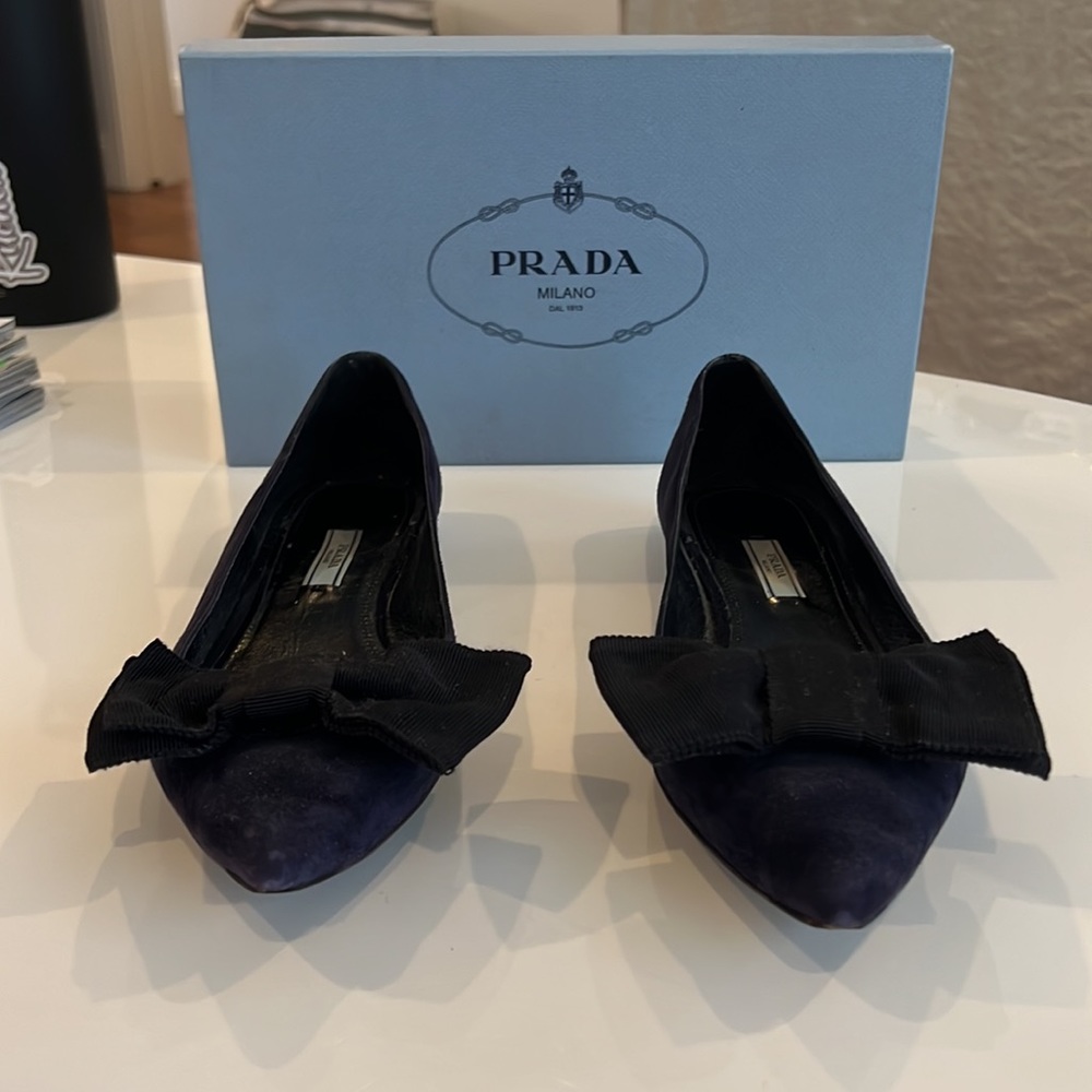 Prada Navy Suede Bow Flats